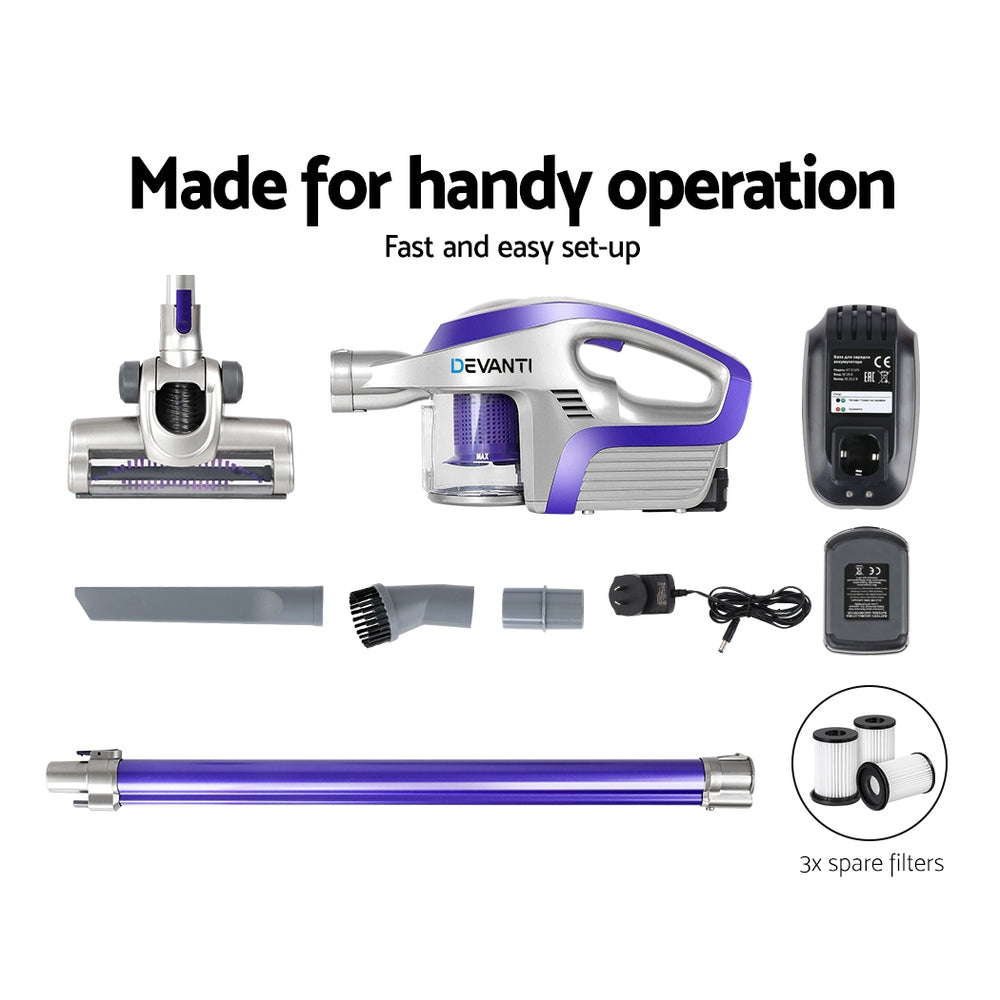 Devanti Stick Vacuum Cleaner Cordless HEPA Filter Purple 150W