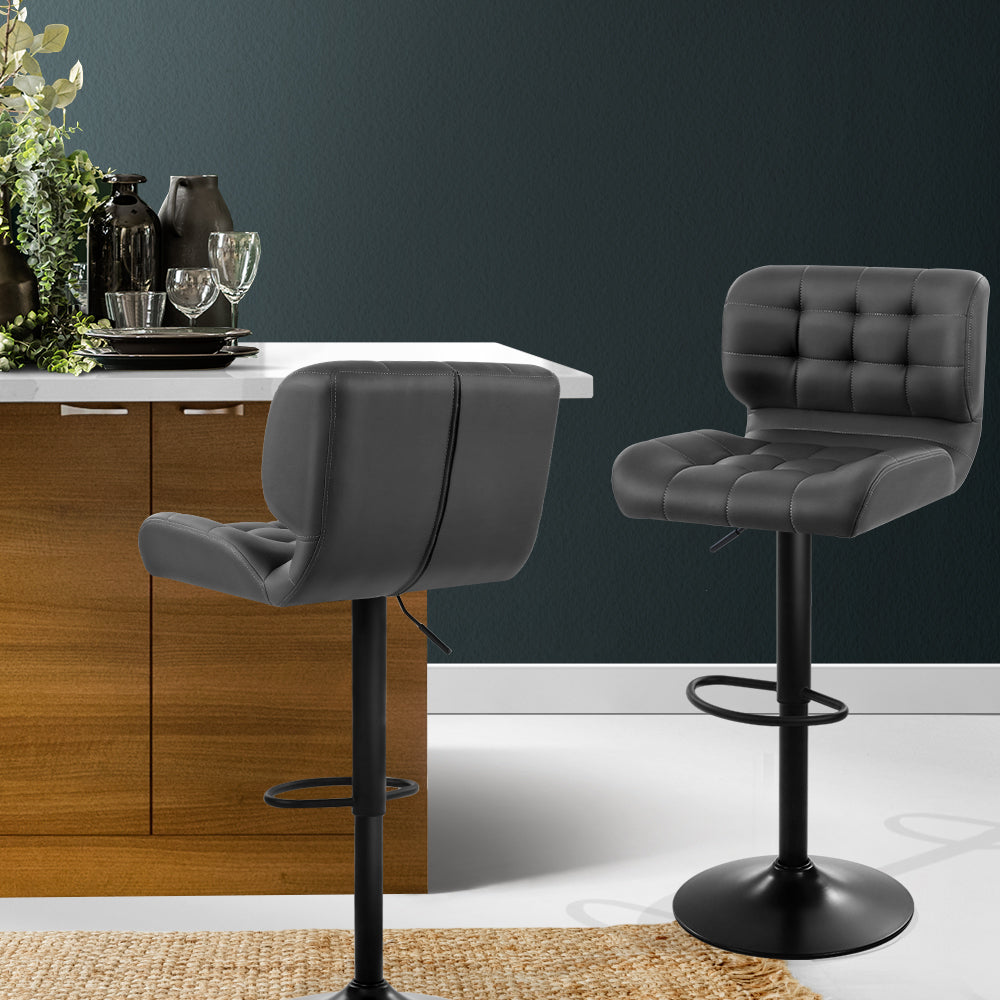 Artiss Set of 2 Kitchen Bar Stools Gas Lift Plush PU Leather - Black and Grey