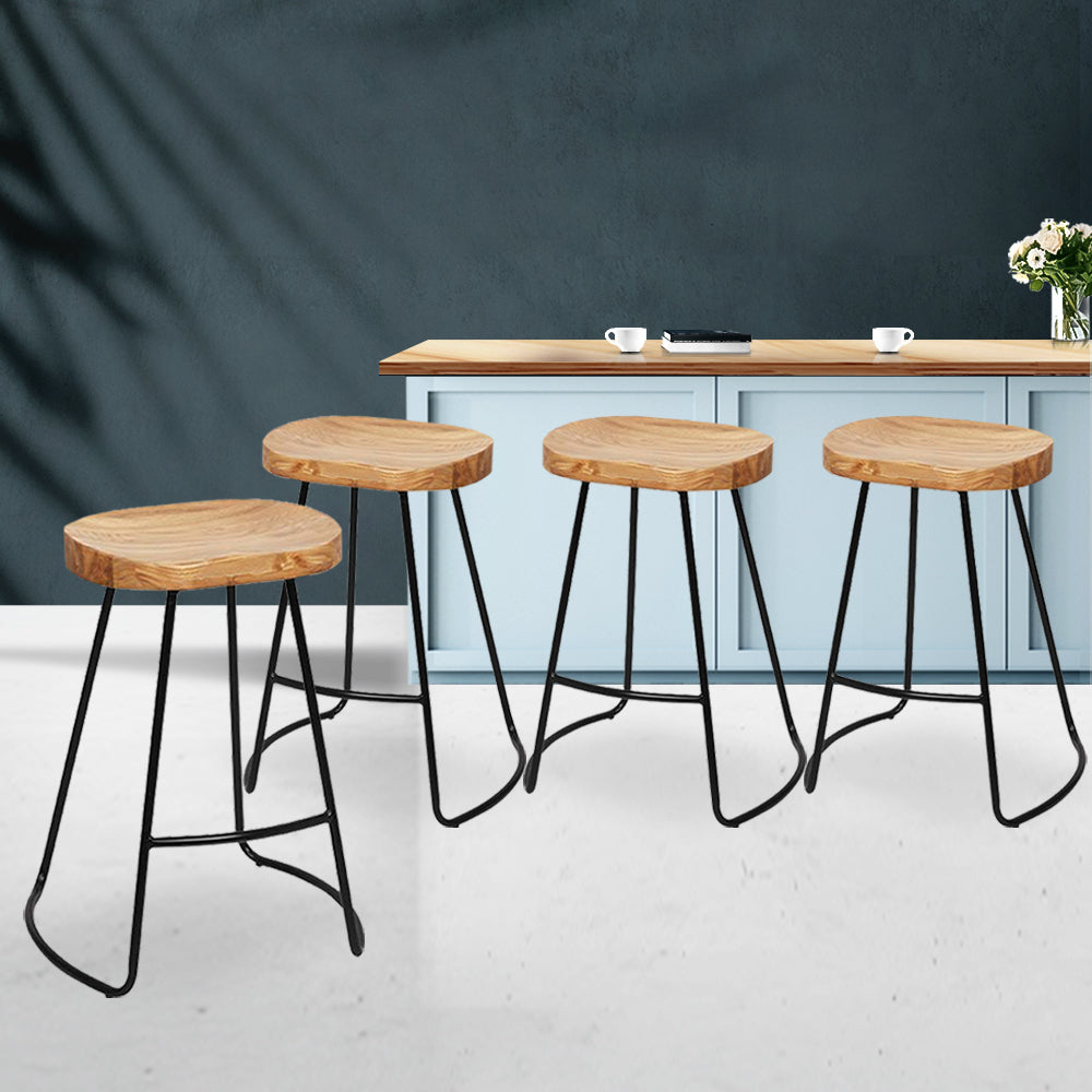 Artiss Set of 4 Elm Wood Backless Bar Stools 65cm - Black and Light Natural