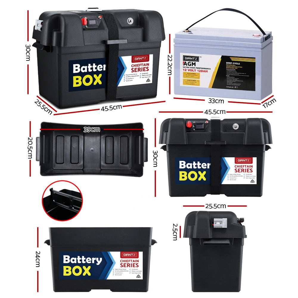 GIANTZ 120Ah Deep Cycle Battery & Battery Box 12V AGM Marine Sealed Power Solar