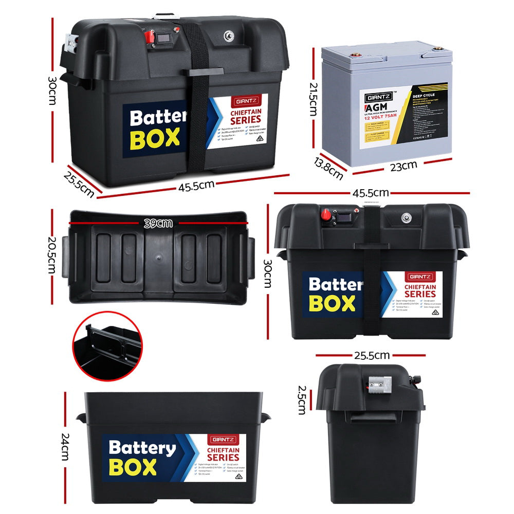 GIANTZ 75Ah Deep Cycle Battery & Battery Box 12V AGM Marine Sealed Power Solar