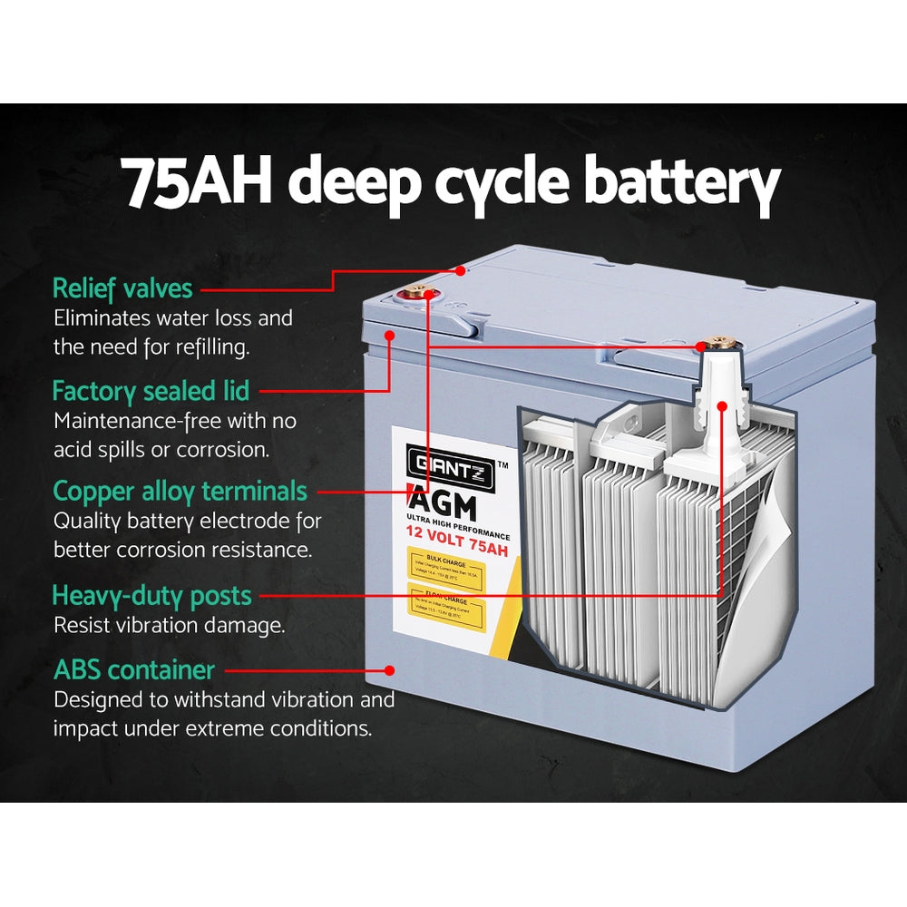 GIANTZ 75Ah Deep Cycle Battery & Battery Box 12V AGM Marine Sealed Power Solar