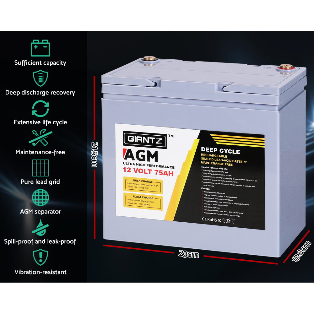 GIANTZ 75Ah Deep Cycle Battery Power 12V Sealed Portable Camping Solar Marine