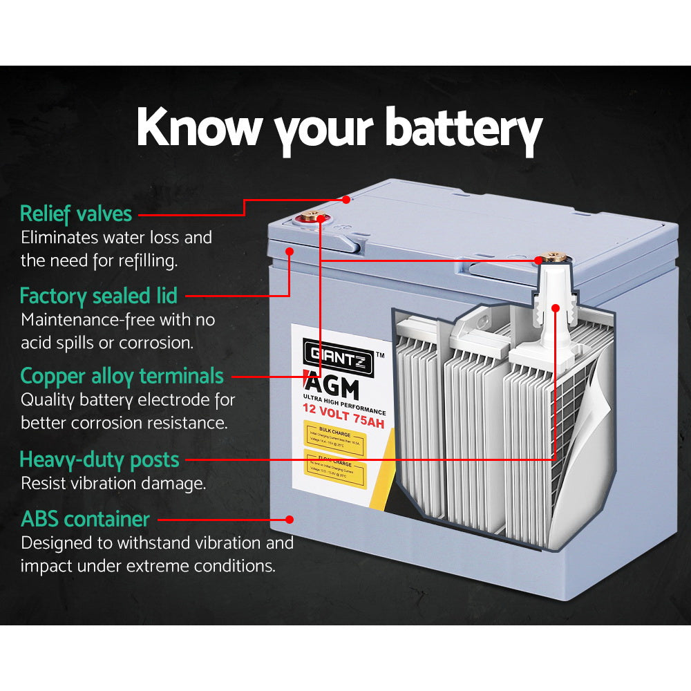 GIANTZ 75Ah Deep Cycle Battery Power 12V Sealed Portable Camping Solar Marine