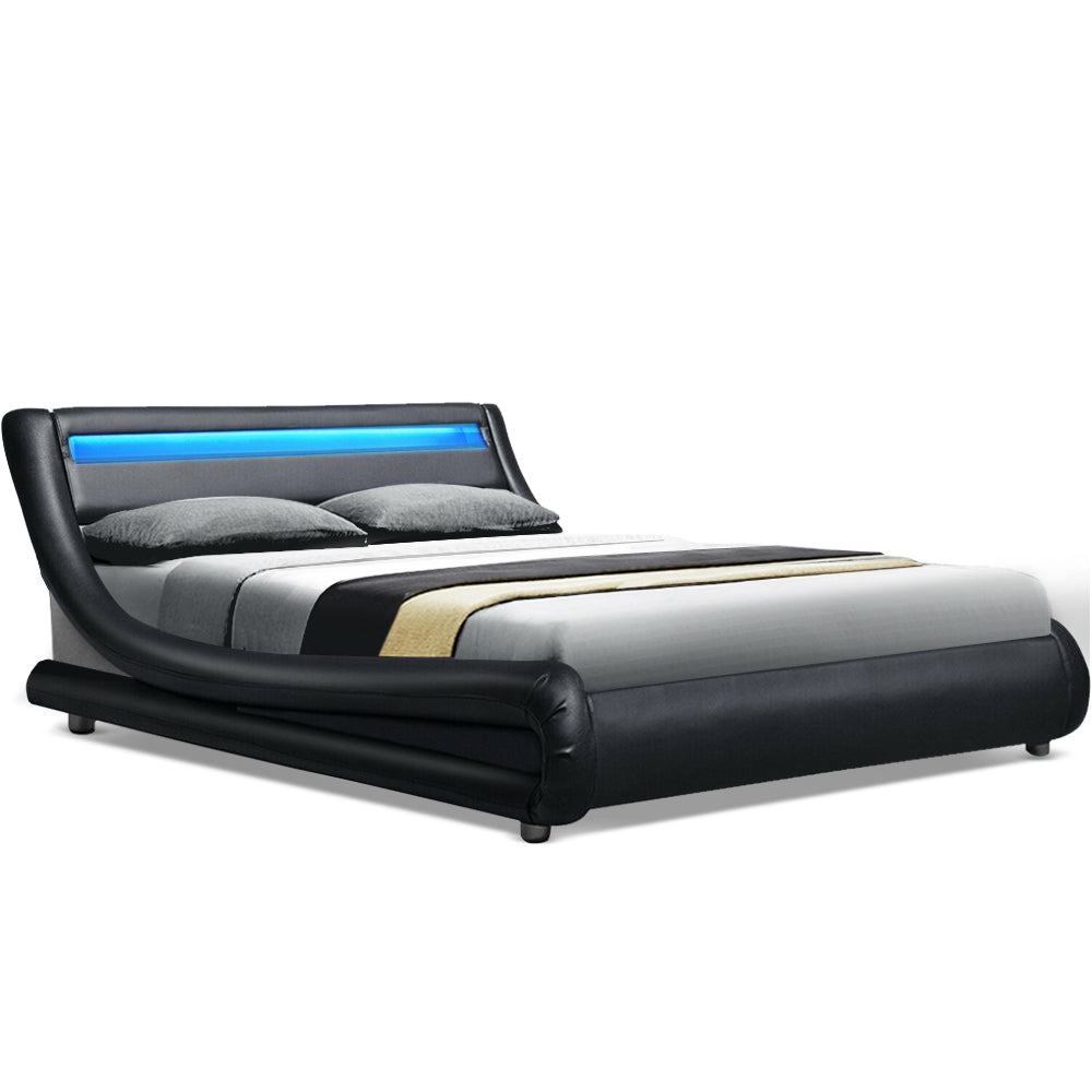 Artiss LED Bed Frame Double Full Size Base Mattress Platform Black Leather ALEX