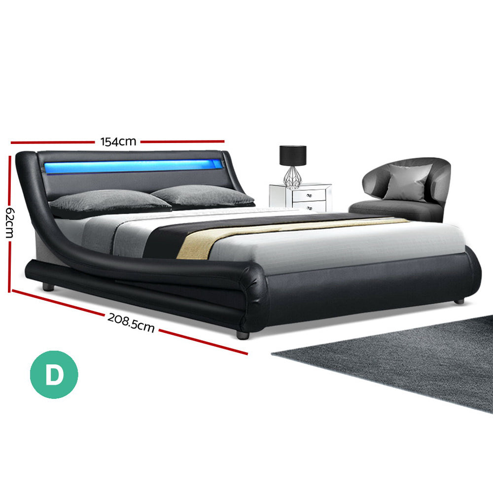 Artiss LED Bed Frame Double Full Size Base Mattress Platform Black Leather ALEX