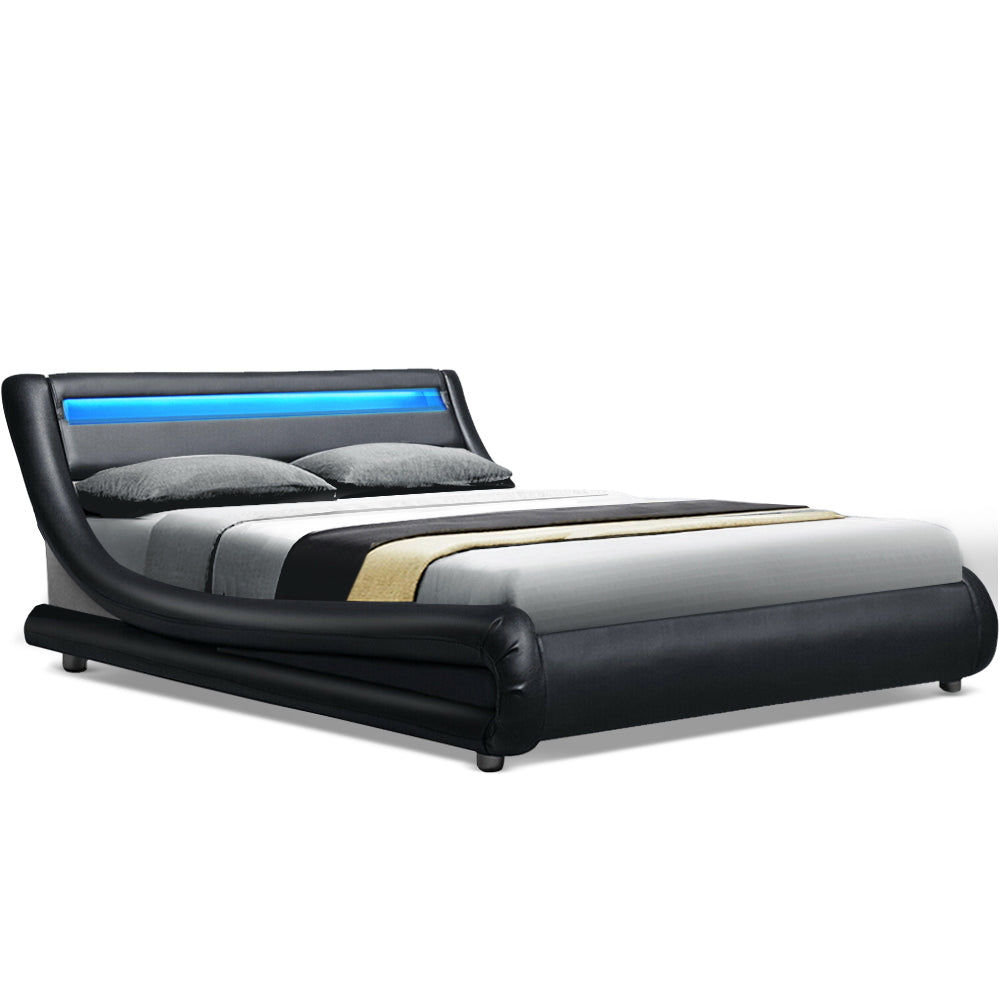 Artiss LED Bed Frame Queen Size Base Mattress Platform Black Leather Wooden ALEX