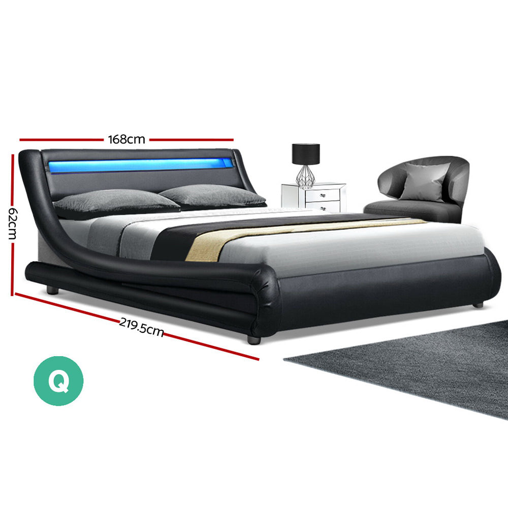 Artiss LED Bed Frame Queen Size Base Mattress Platform Black Leather Wooden ALEX