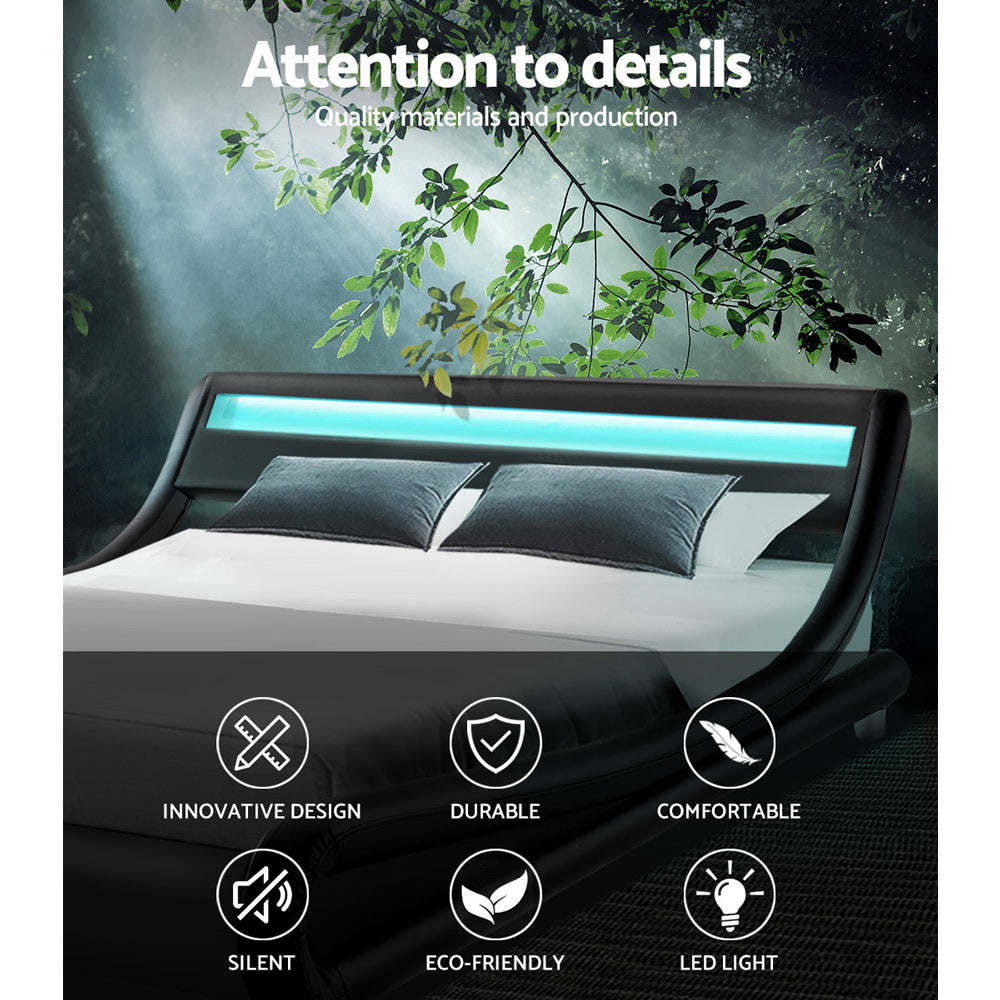 Artiss LED Bed Frame Queen Size Base Mattress Platform Black Leather Wooden ALEX