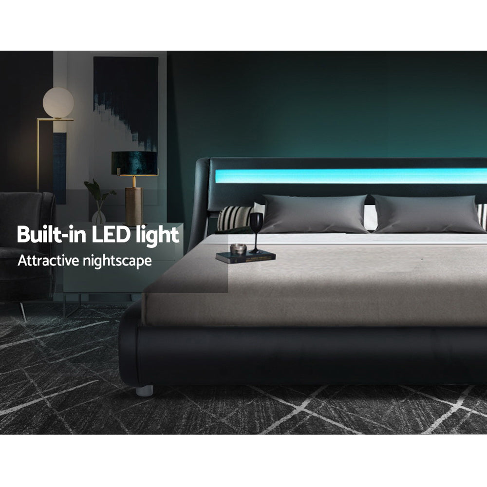 Artiss LED Bed Frame Queen Size Base Mattress Platform Black Leather Wooden ALEX