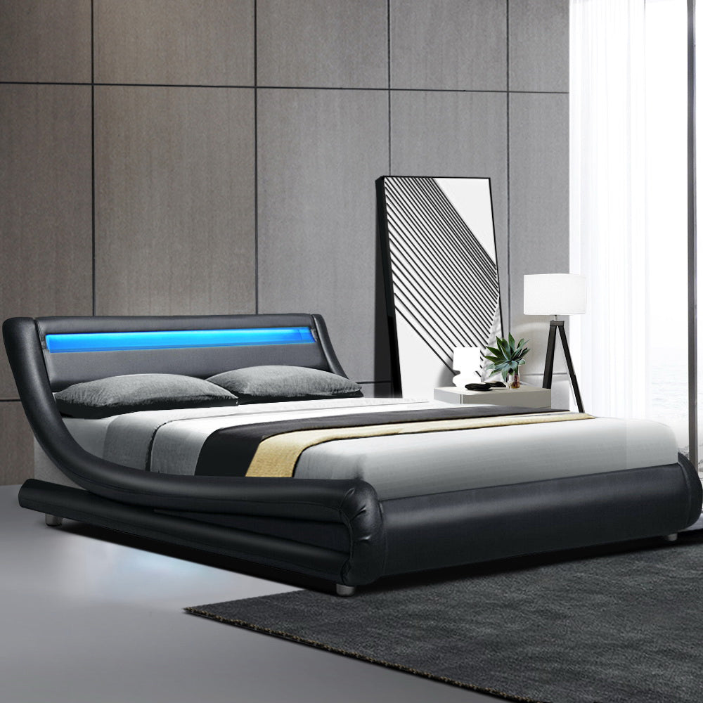 Artiss LED Bed Frame Queen Size Base Mattress Platform Black Leather Wooden ALEX