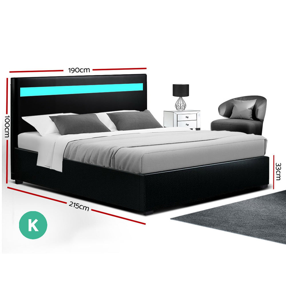 Artiss LED Bed Frame King Size Gas Lift Base With Storage Black Leather