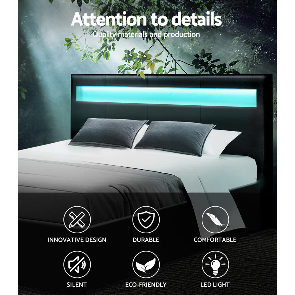 Artiss LED Bed Frame King Size Gas Lift Base With Storage Black Leather