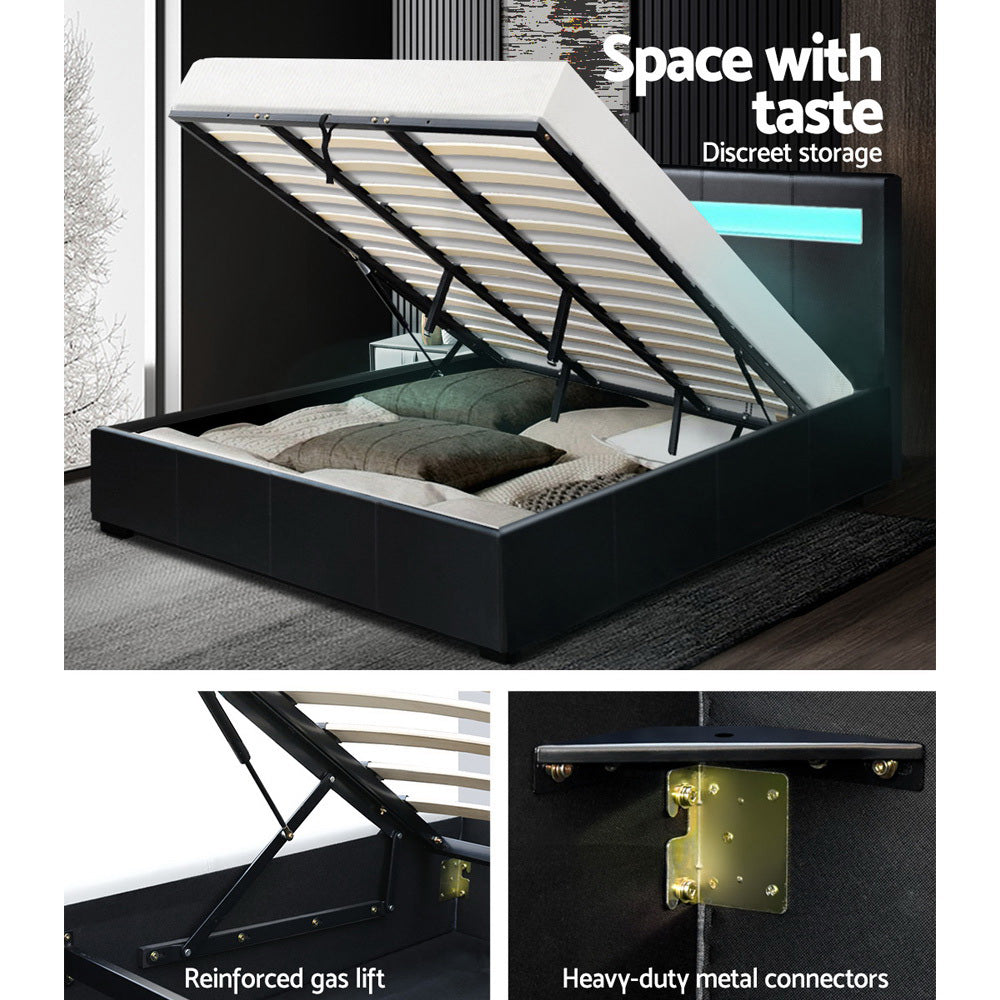 Artiss LED Bed Frame King Size Gas Lift Base With Storage Black Leather