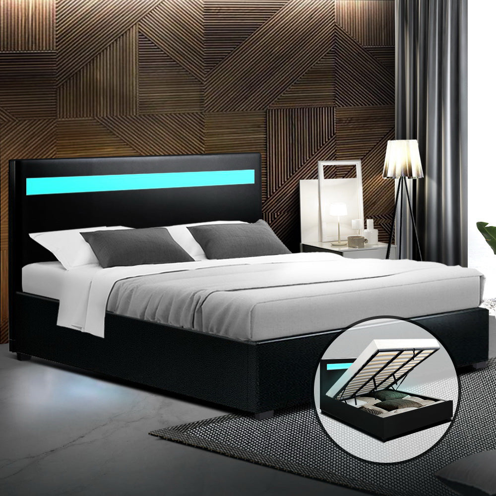 Artiss LED Bed Frame King Size Gas Lift Base With Storage Black Leather