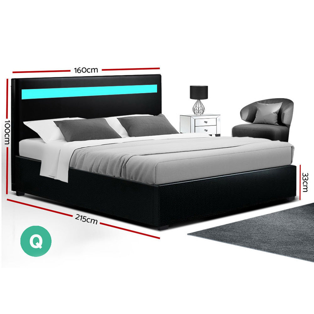 Artiss Cole LED Bed Frame PU Leather Gas Lift Storage - Black Queen