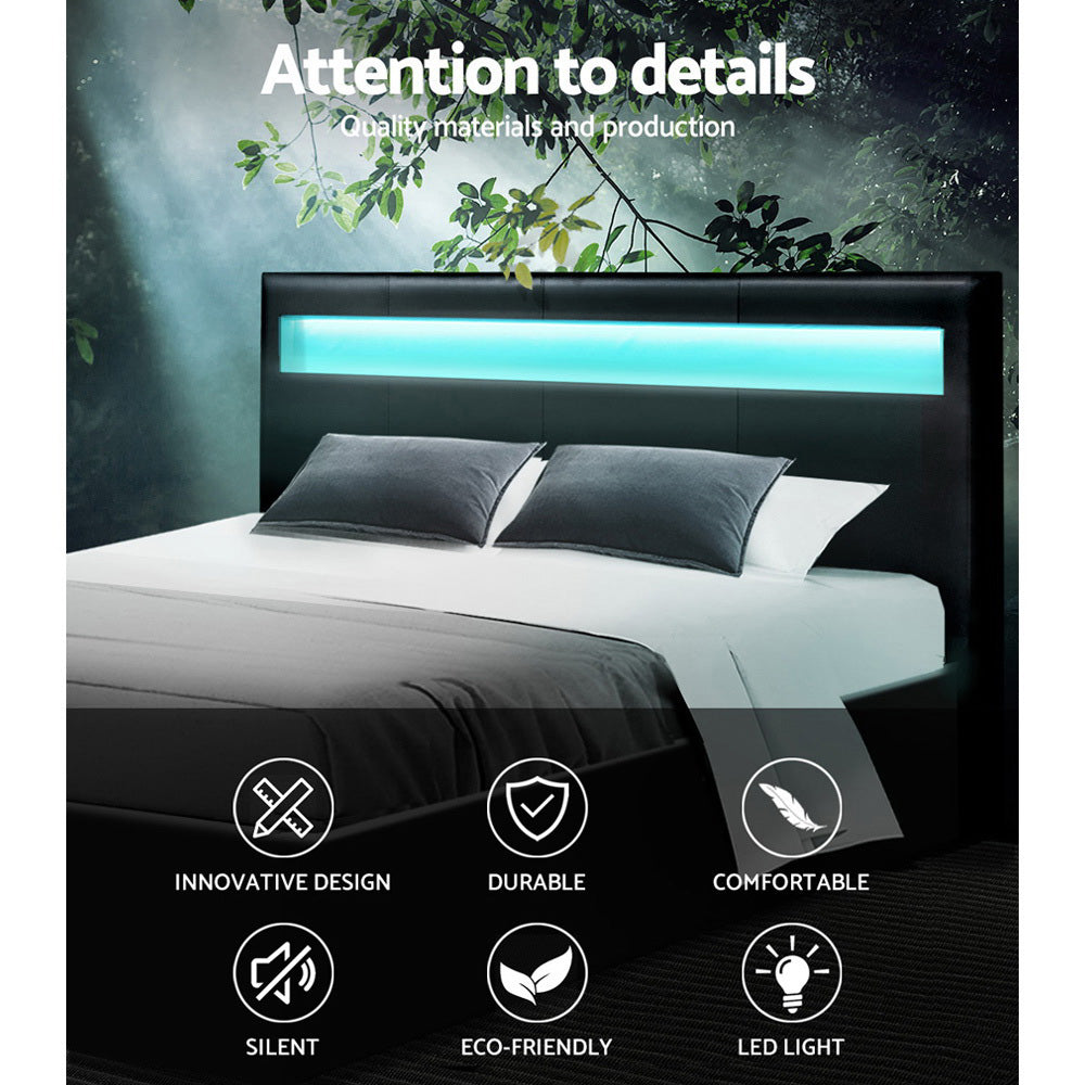 Artiss Cole LED Bed Frame PU Leather Gas Lift Storage - Black Queen