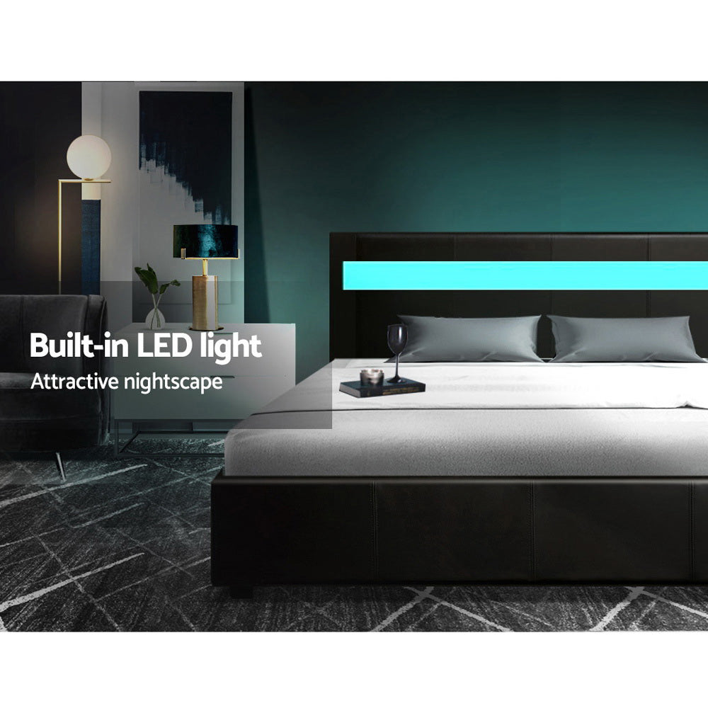Artiss Cole LED Bed Frame PU Leather Gas Lift Storage - Black Queen