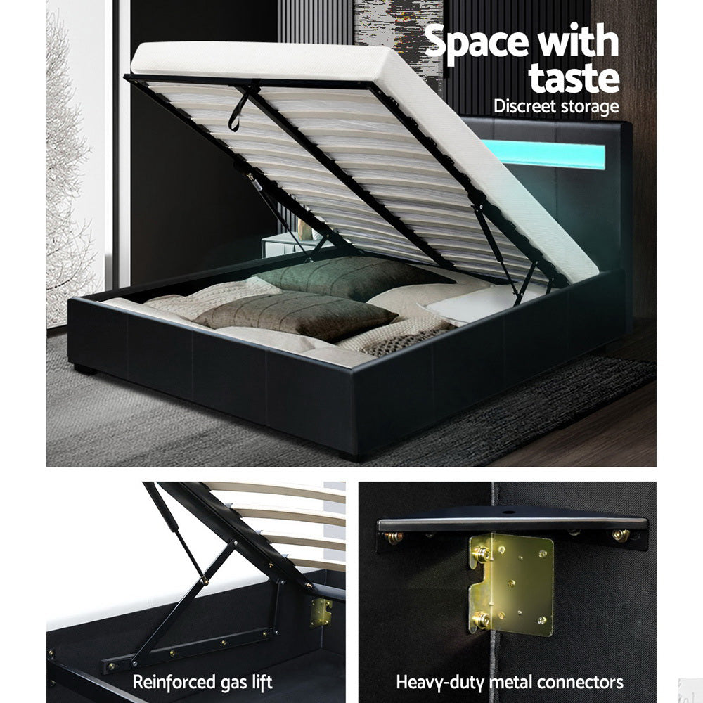 Artiss Cole LED Bed Frame PU Leather Gas Lift Storage - Black Queen