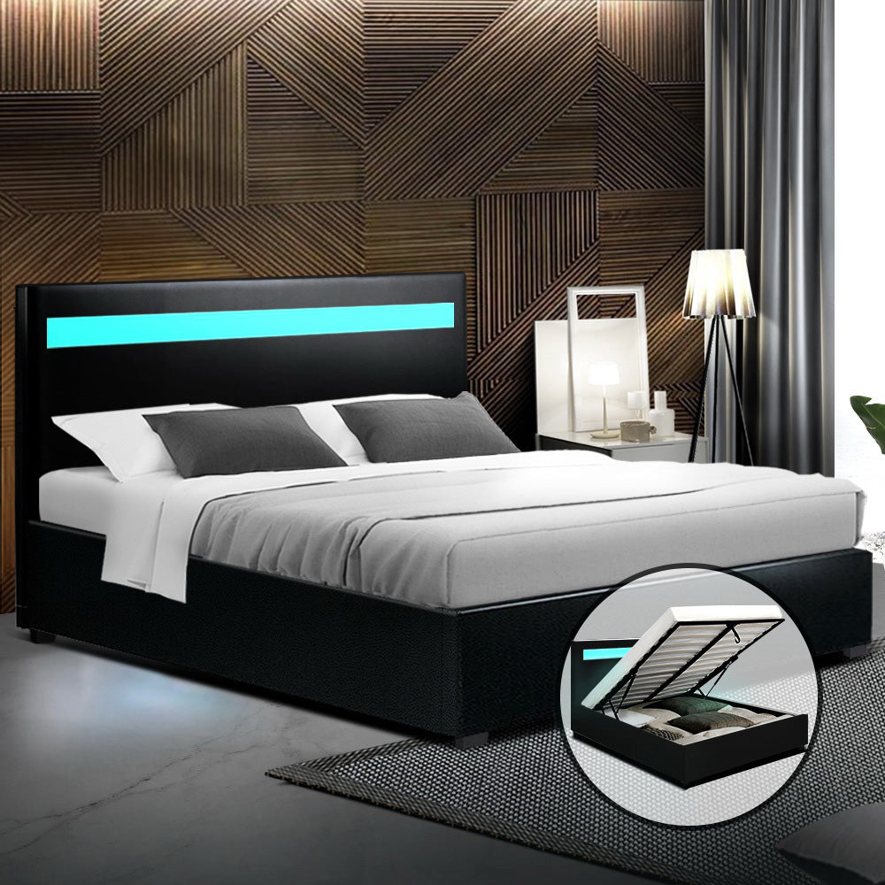 Artiss Cole LED Bed Frame PU Leather Gas Lift Storage - Black Queen