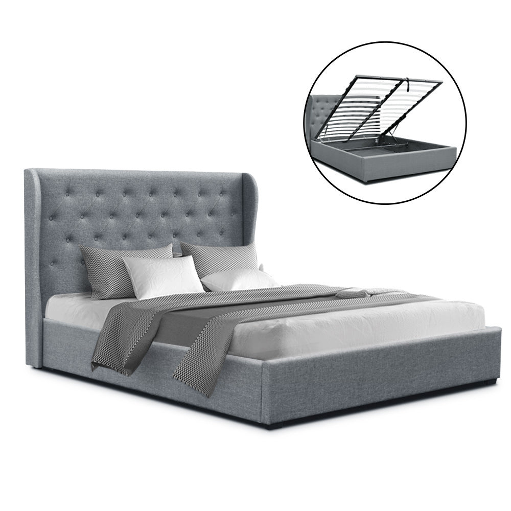 Artiss Double Full Size Gas Lift Bed Frame Base With Storage Mattress Grey Fabric Wooden