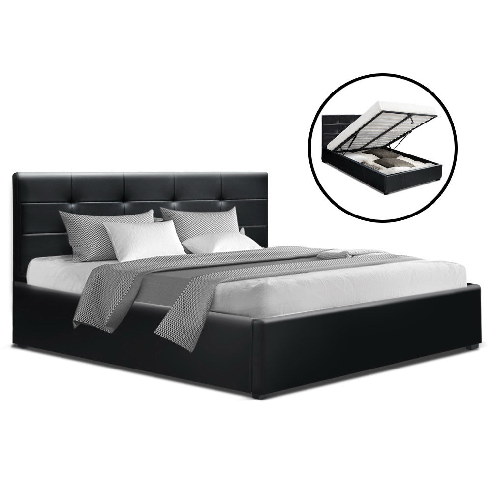 Artiss LISA Double Full Size Gas Lift Bed Frame Base With Storage Mattress Black Leather
