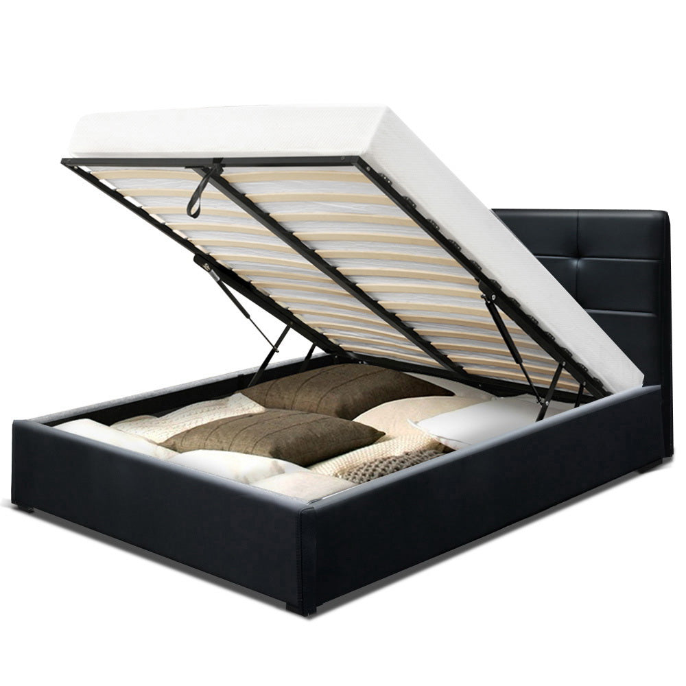 Artiss LISA Double Full Size Gas Lift Bed Frame Base With Storage Mattress Black Leather