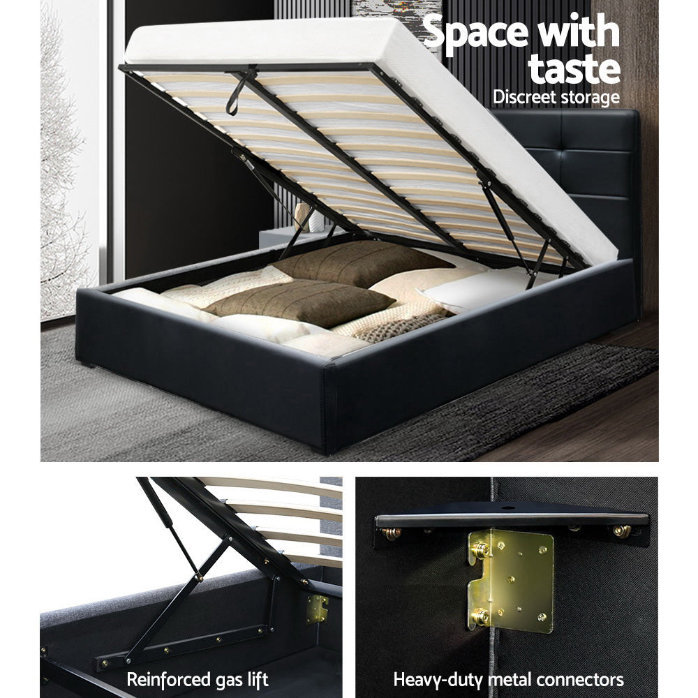 Artiss LISA Double Full Size Gas Lift Bed Frame Base With Storage Mattress Black Leather
