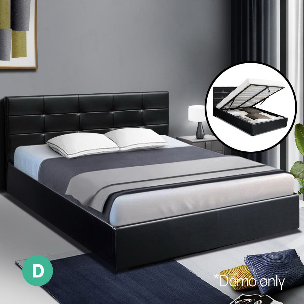 Artiss LISA Double Full Size Gas Lift Bed Frame Base With Storage Mattress Black Leather