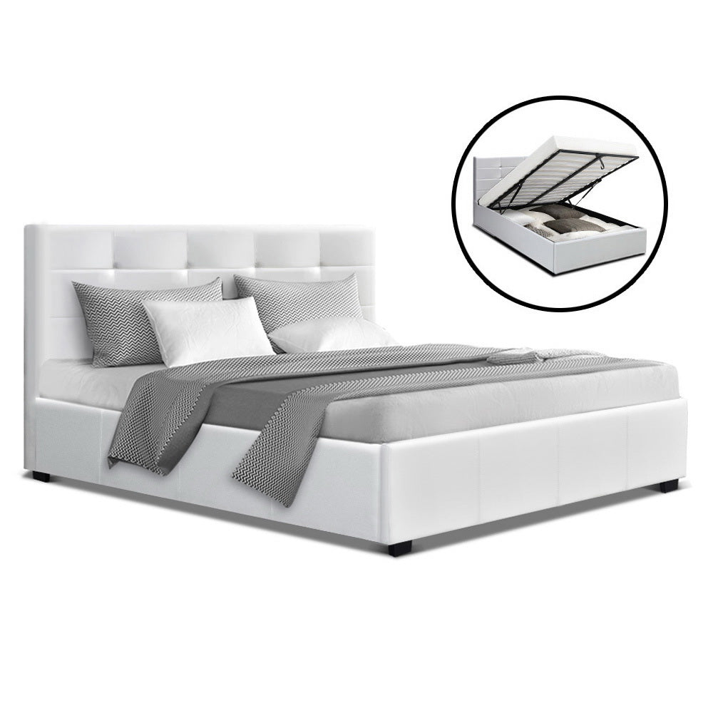 Artiss LISA Double Full Size Gas Lift Bed Frame Base With Storage Mattress White Leather