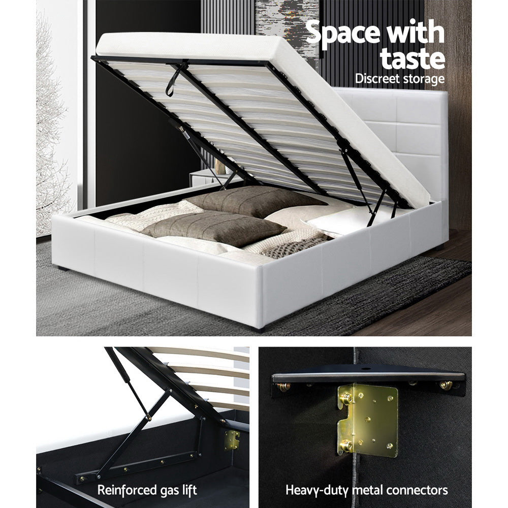 Artiss LISA Double Full Size Gas Lift Bed Frame Base With Storage Mattress White Leather