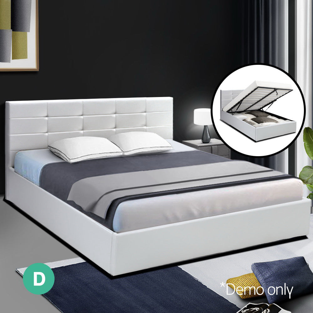 Artiss LISA Double Full Size Gas Lift Bed Frame Base With Storage Mattress White Leather