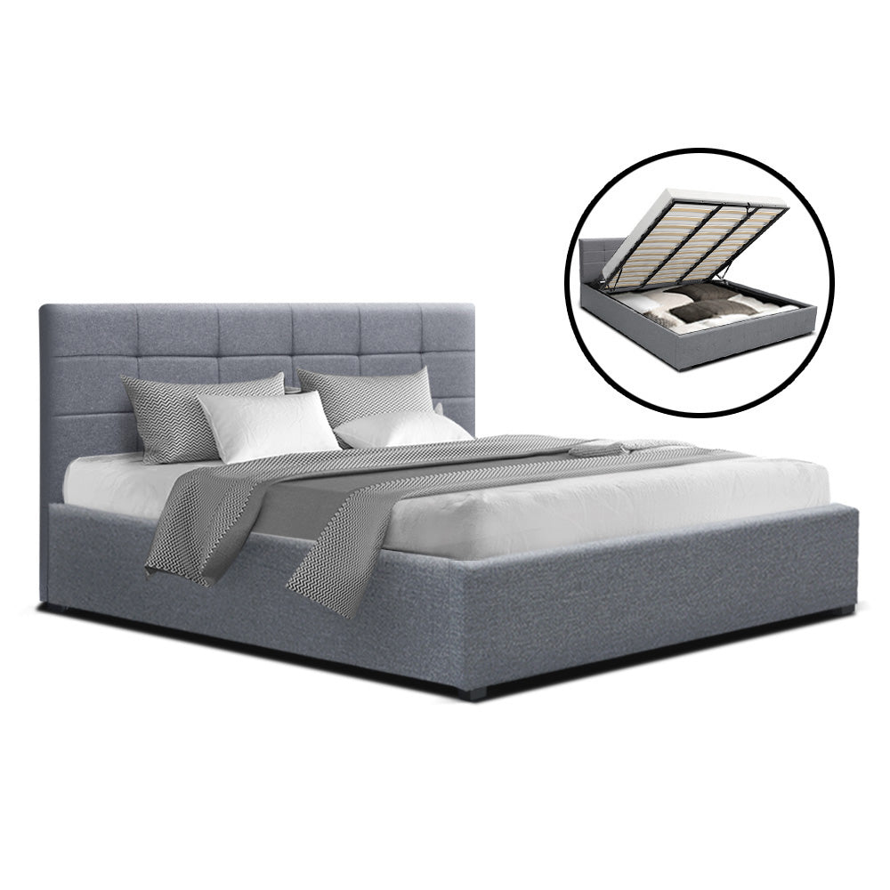 Artiss LISA King Size Gas Lift Bed Frame Base With Storage Mattress Grey Fabric