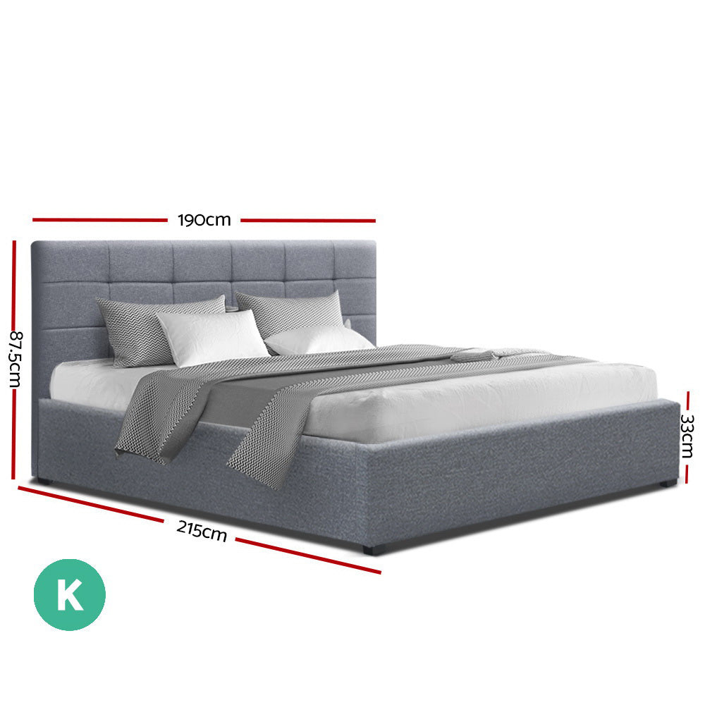 Artiss LISA King Size Gas Lift Bed Frame Base With Storage Mattress Grey Fabric