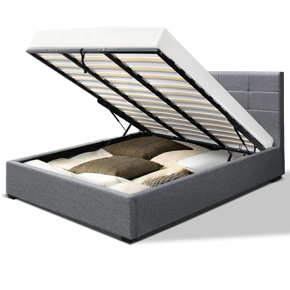 Artiss LISA King Size Gas Lift Bed Frame Base With Storage Mattress Grey Fabric