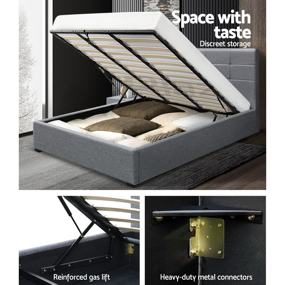 Artiss LISA King Size Gas Lift Bed Frame Base With Storage Mattress Grey Fabric