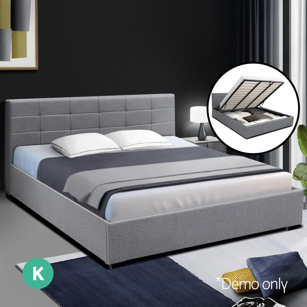 Artiss LISA King Size Gas Lift Bed Frame Base With Storage Mattress Grey Fabric