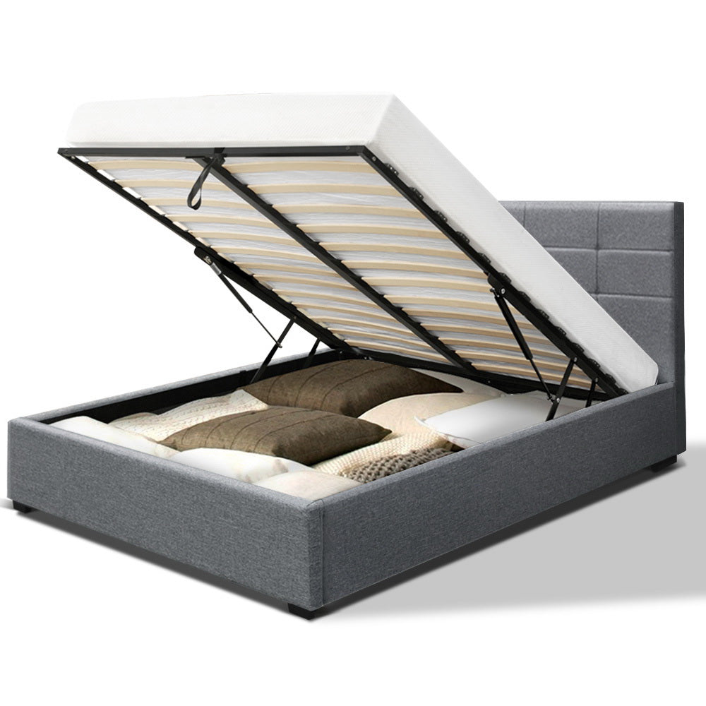 Artiss LISA Queen Size Gas Lift Bed Frame Base With Storage Mattress Grey Fabric