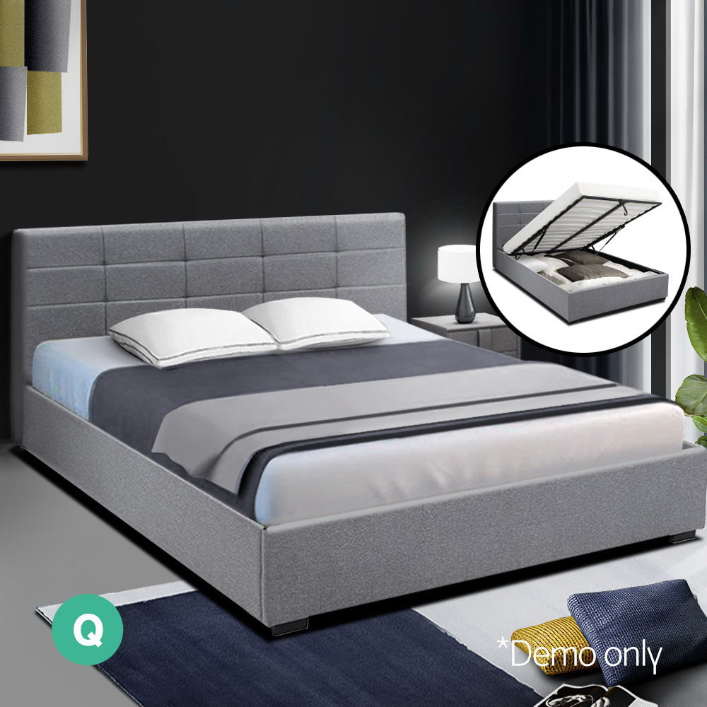 Artiss LISA Queen Size Gas Lift Bed Frame Base With Storage Mattress Grey Fabric