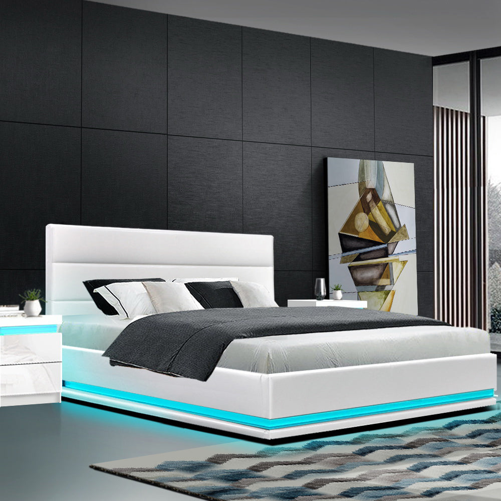 Artiss Lumi LED Bed Frame PU Leather Gas Lift Storage - White Double