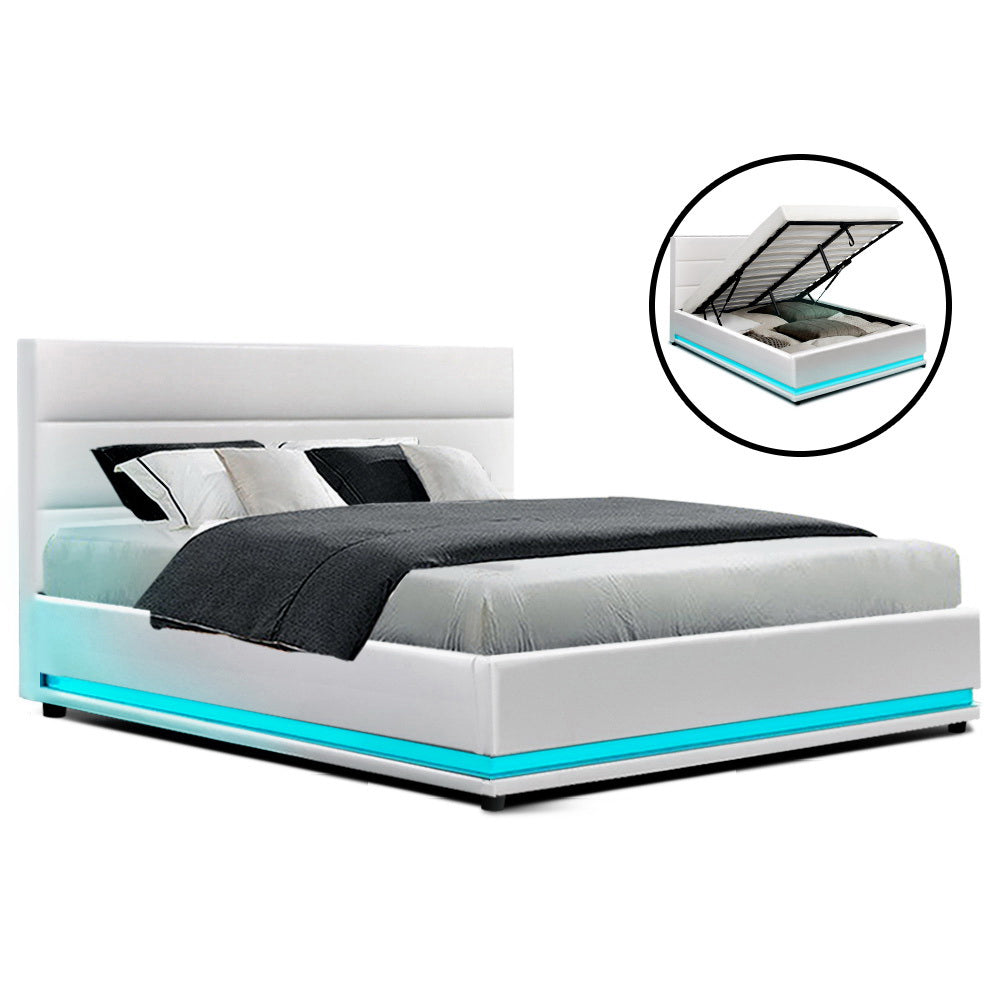 Artiss Lumi LED Bed Frame PU Leather Gas Lift Storage - White Queen