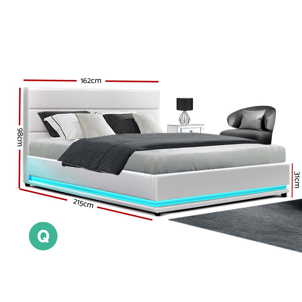 Artiss Lumi LED Bed Frame PU Leather Gas Lift Storage - White Queen