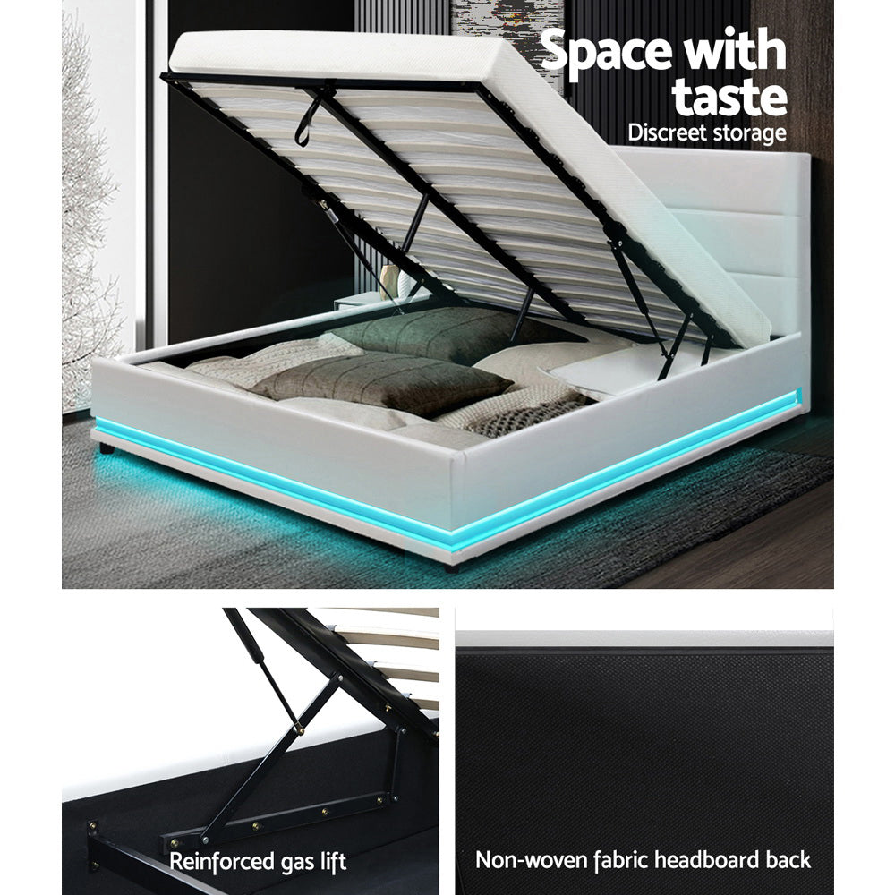 Artiss Lumi LED Bed Frame PU Leather Gas Lift Storage - White Queen
