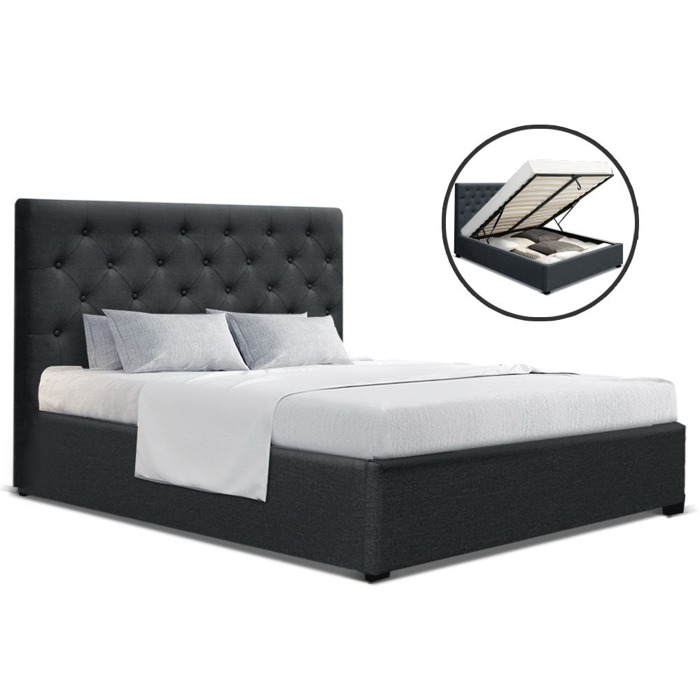 Artiss Double Full Size Gas Lift Bed Frame Charcoal Fabric Base With Storage Mattress