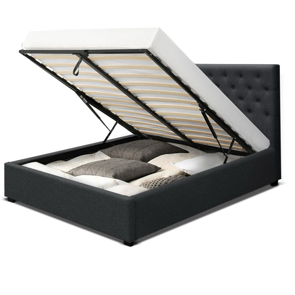 Artiss Double Full Size Gas Lift Bed Frame Charcoal Fabric Base With Storage Mattress
