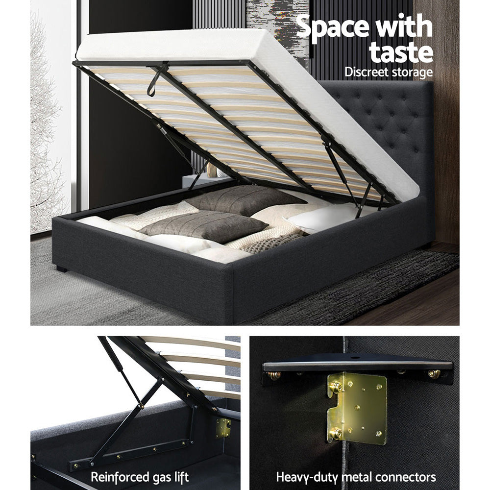 Artiss Double Full Size Gas Lift Bed Frame Charcoal Fabric Base With Storage Mattress