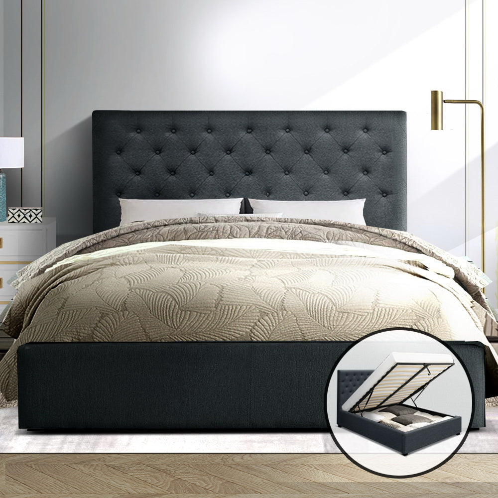 Artiss Double Full Size Gas Lift Bed Frame Charcoal Fabric Base With Storage Mattress