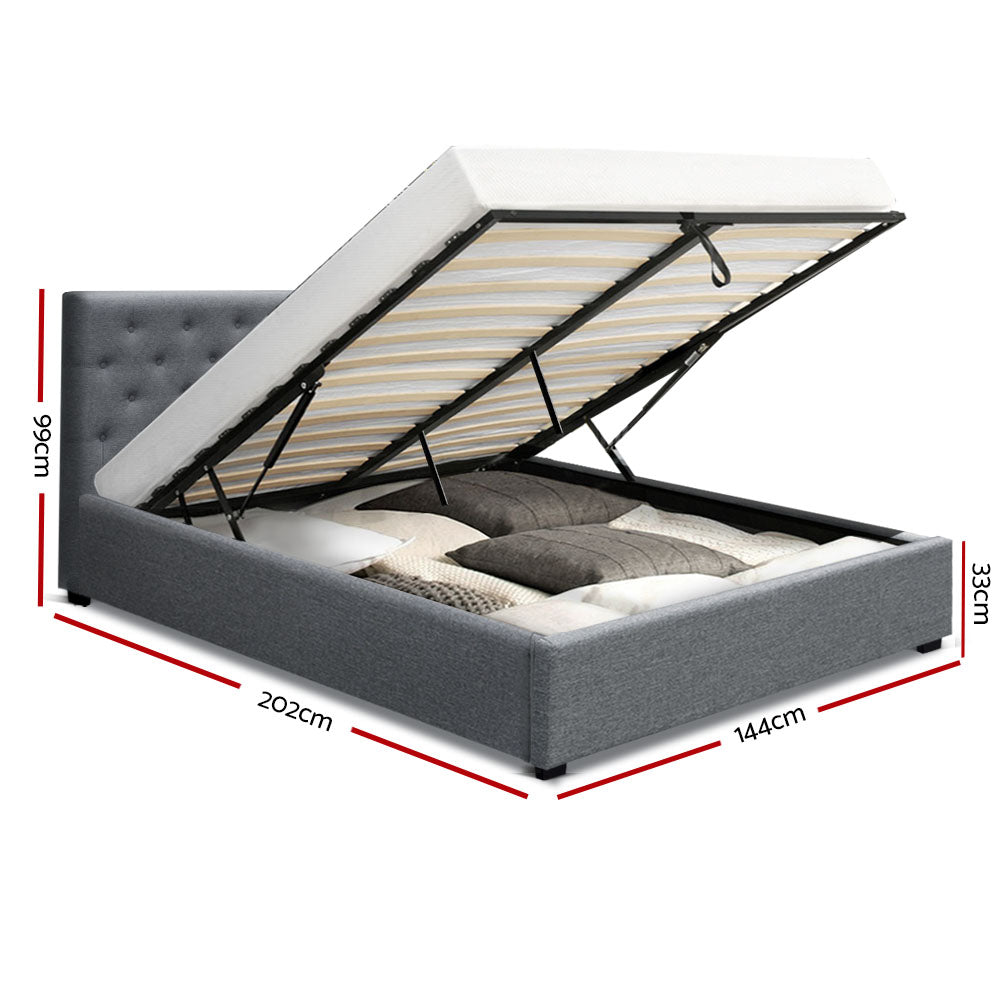 Artiss Vila Bed Frame Fabric Gas Lift Storage - Grey Double
