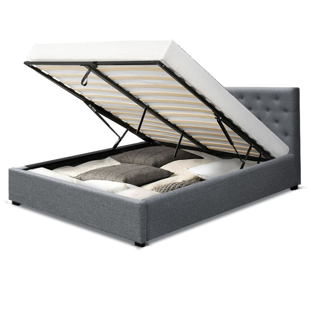 Artiss Vila Bed Frame Fabric Gas Lift Storage - Grey Double