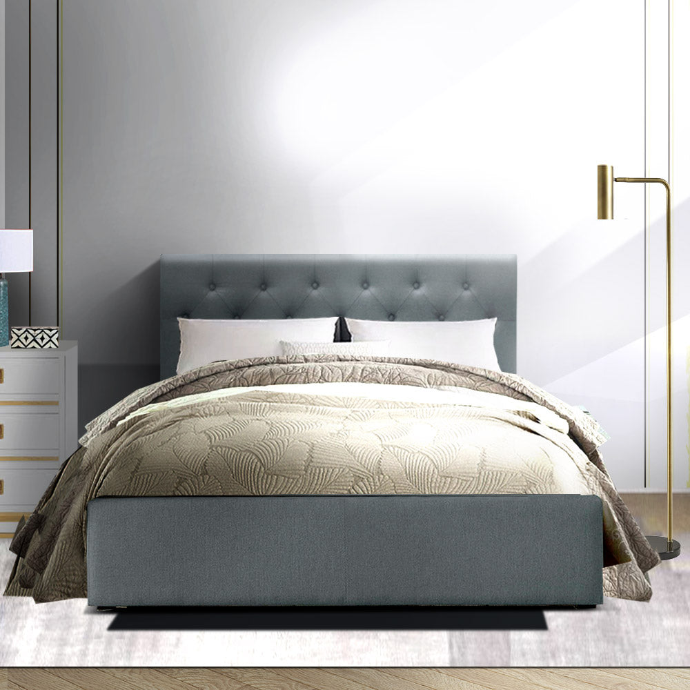 Artiss Vila Bed Frame Fabric Gas Lift Storage - Grey Double